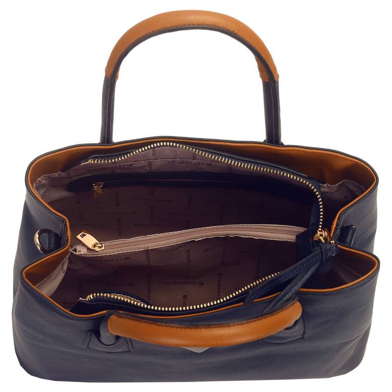 Interior da bolsa WJ feminina azul marinho mostrando compartimentos organizadores e forro em tecido bege
